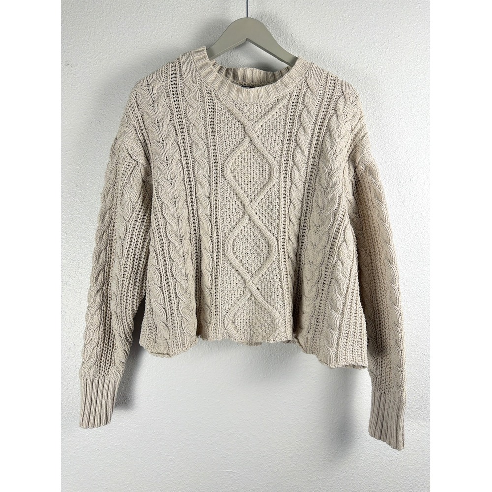 LA Hearts Sz S Cream Beige Cable Knit Cropped Boxy Sweater Crew Neck Fisherman